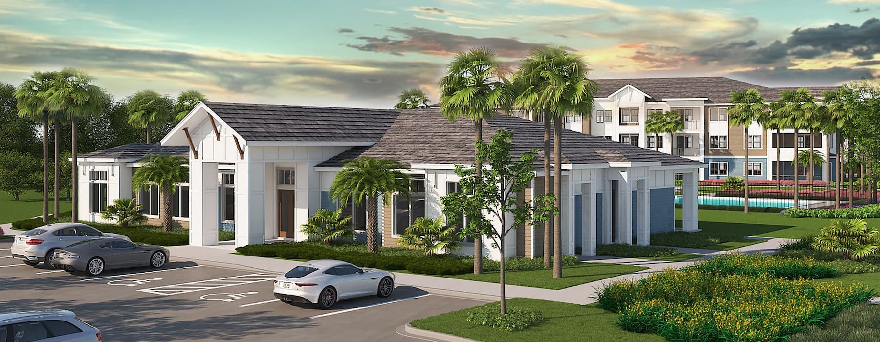 rendering of property exterior with outside areas of greenery