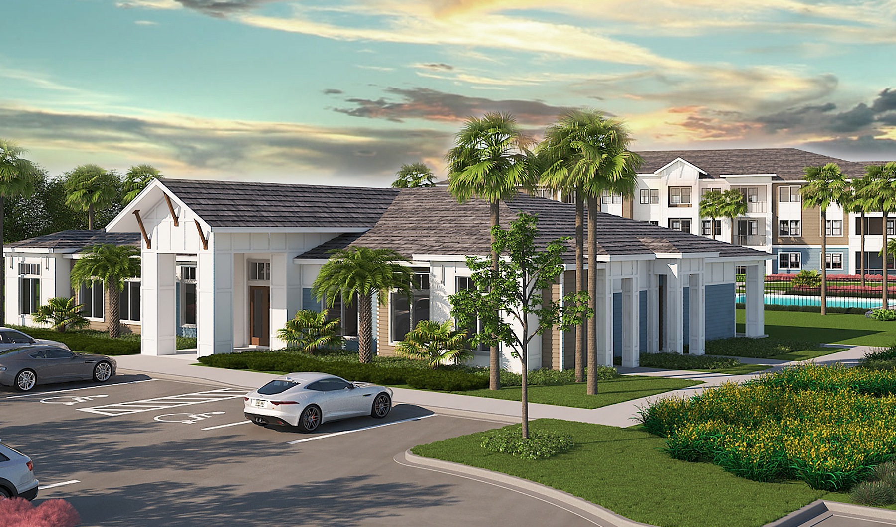 rendering of property exterior showing spacious walkways and greenery